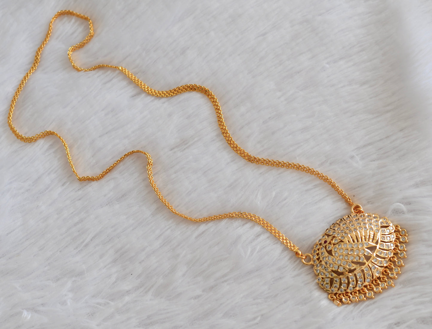 Gold tone AD white stone peacock pendant with chain dj-53320