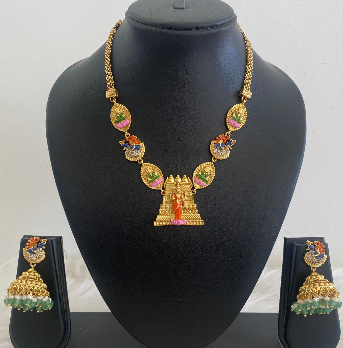 Matte finish meenakari peacock ma meenakshi gopuram necklace set dj-54746