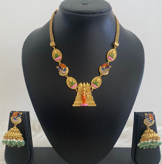 Matte finish meenakari peacock ma meenakshi gopuram necklace set dj-54746