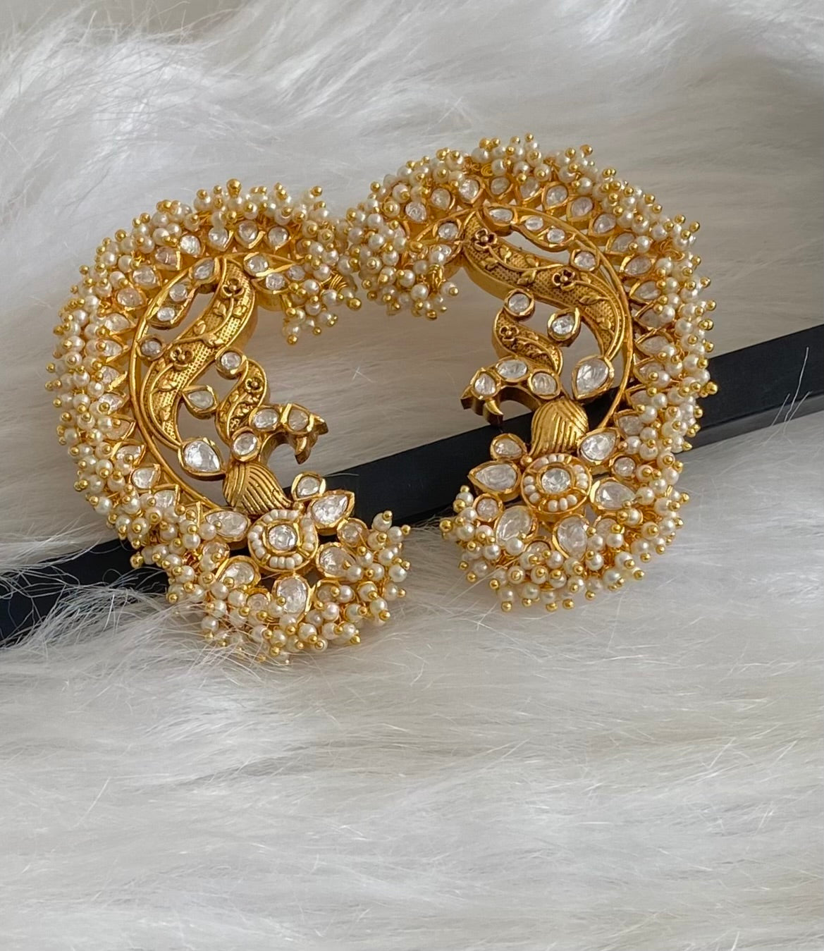 Gold tone white kundan jadau big peacock khanpool earrings dj-54572