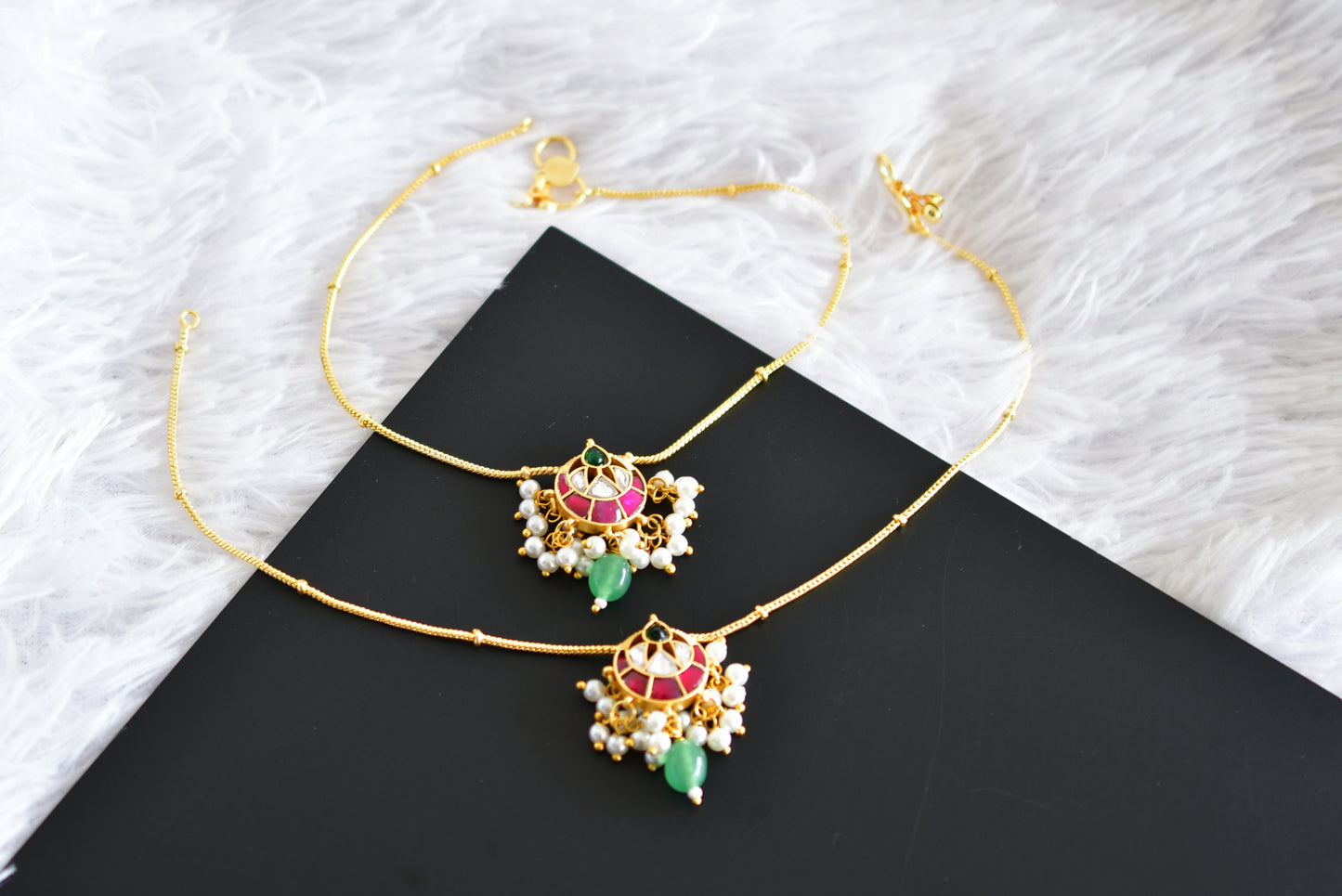 Gold tone pink-white-green kundan jadau anklets dj-52404