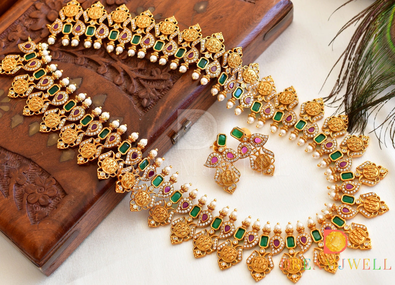 Matte Finish Cz Ruby-green Pearl Ram parivar Haar Set Dj-51327