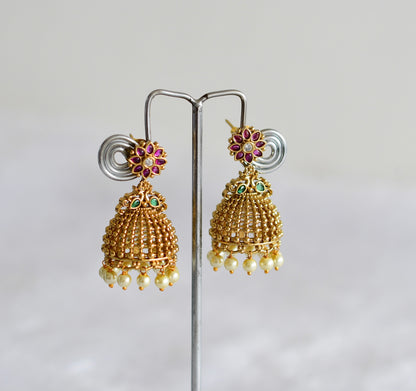 Antique gold tone kemp-green-white flower pearl jhumkka dj-51857