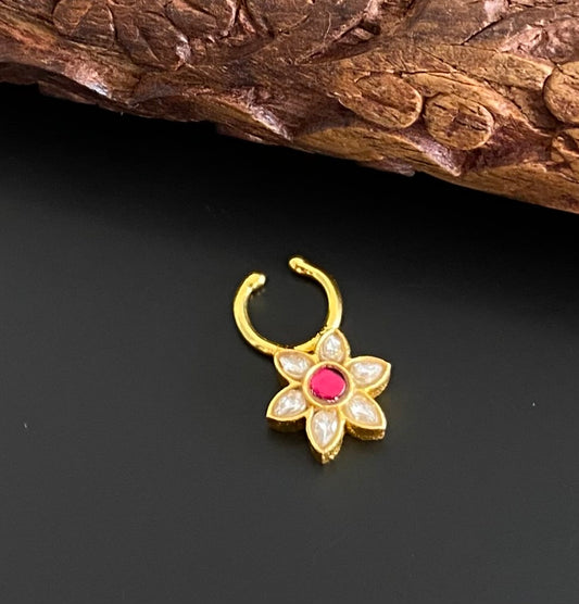 Gold tone kundan jadau white-pink stone flower nose pin/bulakku dj-53773