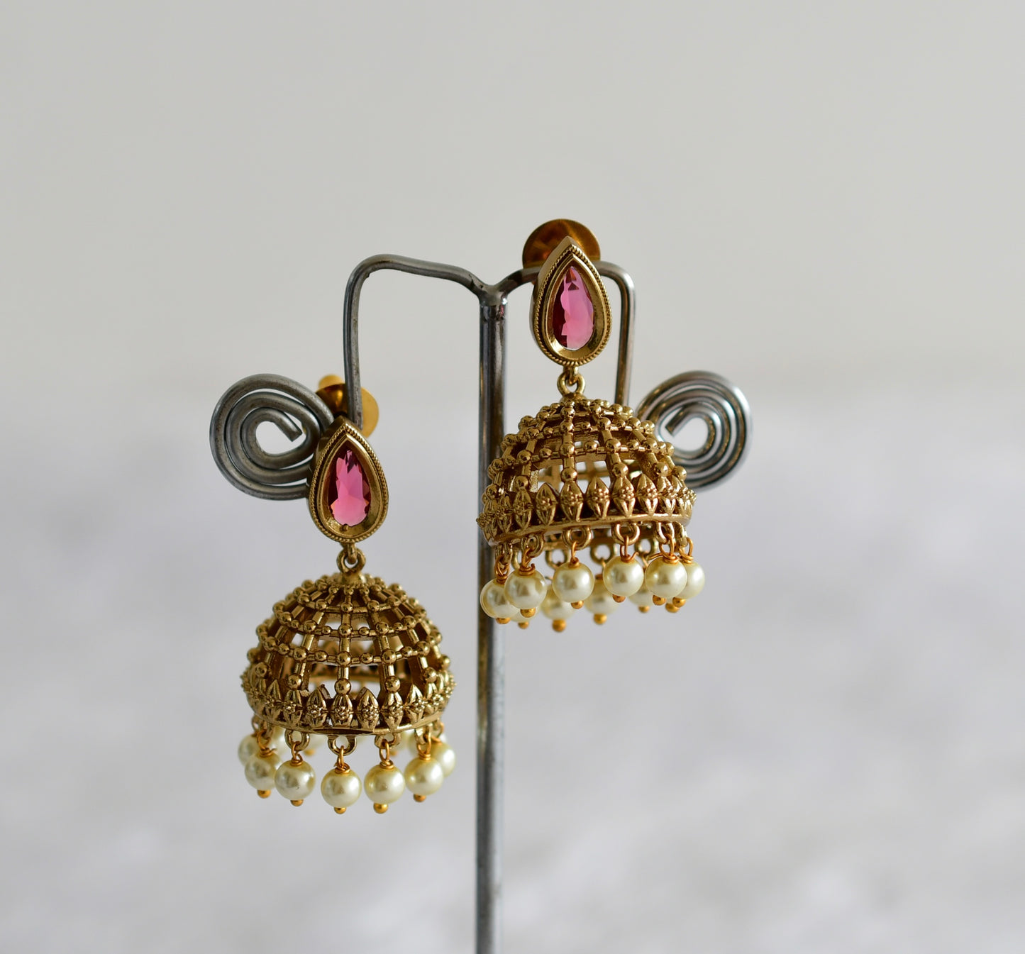 Antique gold tone magenta pink thilak stone pearl jhumkka dj-51851