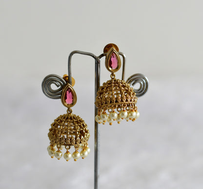 Antique gold tone magenta pink thilak stone pearl jhumkka dj-51851