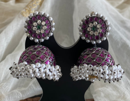 Black finish precious kemp-green-white stone pearl big jhumkka dj-53960
