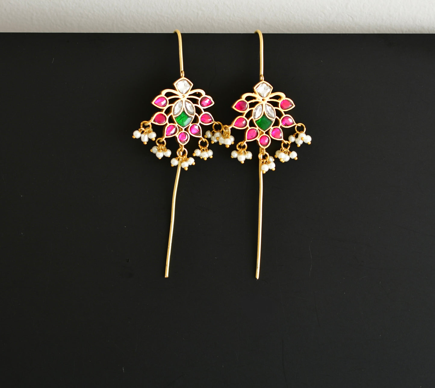 Gold tone pink-green-white kundan jadau flower bugadi needle earrings dj-52459