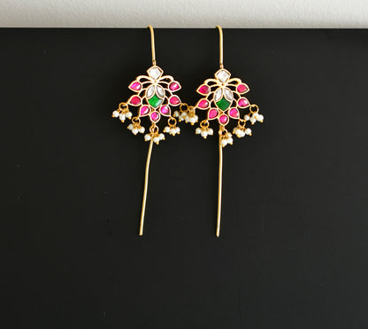 Gold tone pink-green-white kundan jadau flower bugadi needle earrings dj-52459