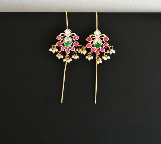 Gold tone pink-green-white kundan jadau flower bugadi needle earrings dj-52459