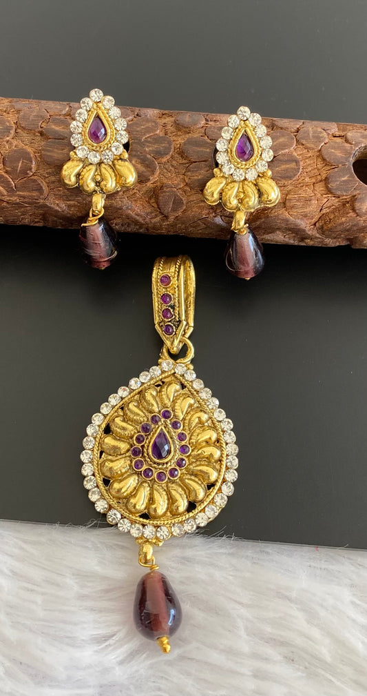 Antique gold tone white purple stone pendant set dj-52987