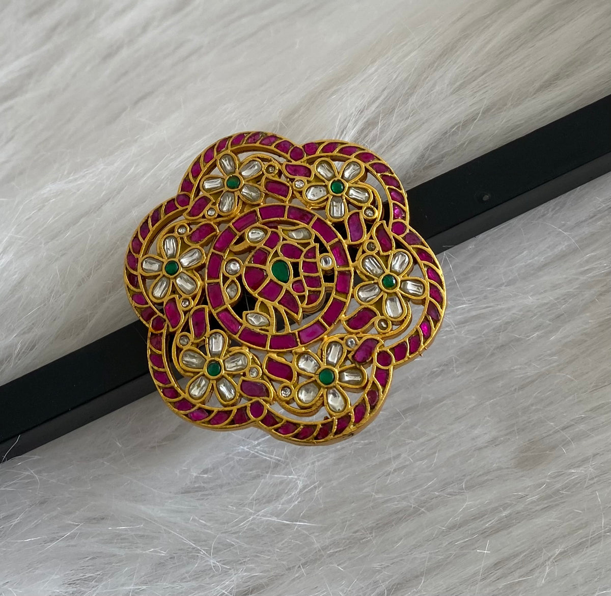 Gold tone pink-green-white kundan jadau peacock flower pendant dj-54172
