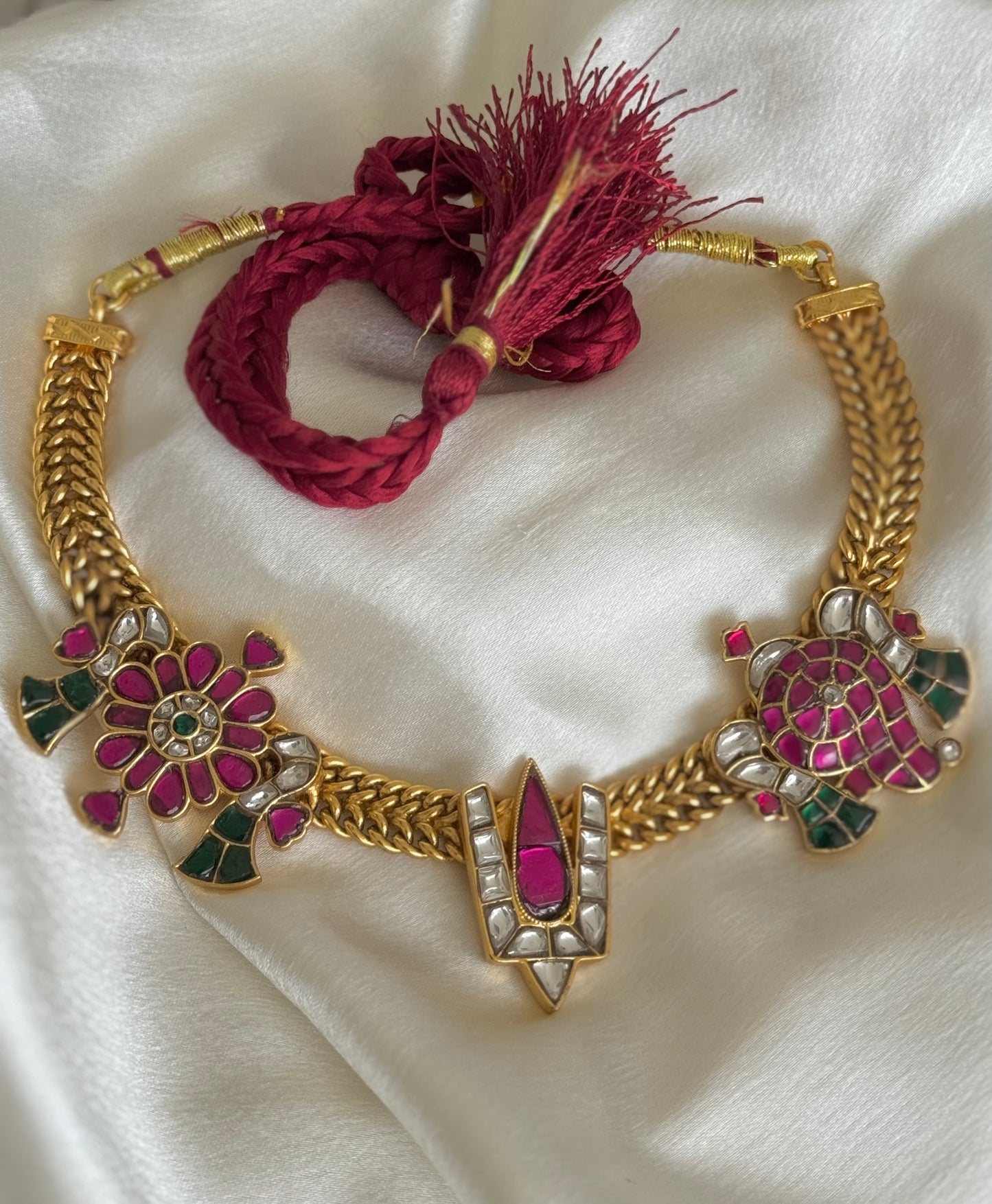 Antique gold tone jadau Shri Thirumal nama-shanku-chakra necklace dj-51549