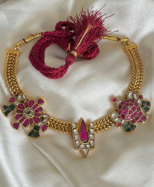 Antique gold tone jadau Shri Thirumal nama-shanku-chakra necklace dj-51549