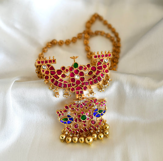 Gold tone pink-green-blue kundan jadau peacock pendant necklace dj-52601