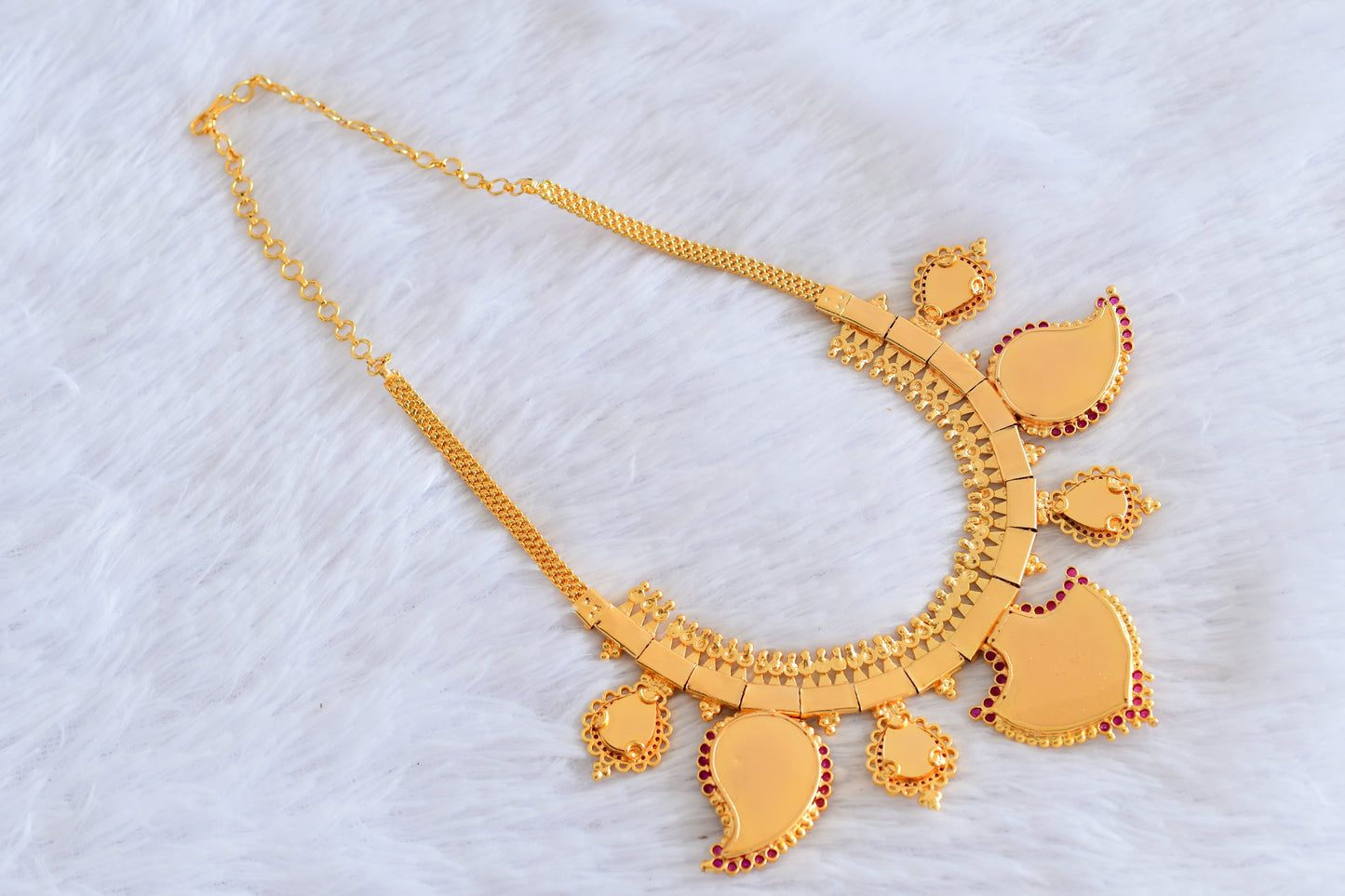 Gold tone kerala style lakshmi pink stone big mango-palakka necklace dj-53085