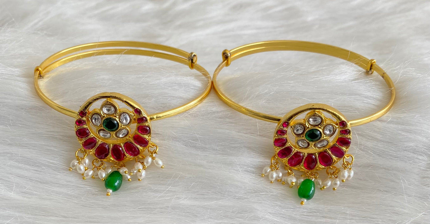 Gold tone kundan jadau kemp-green-white flower pearl baju band dj-53835