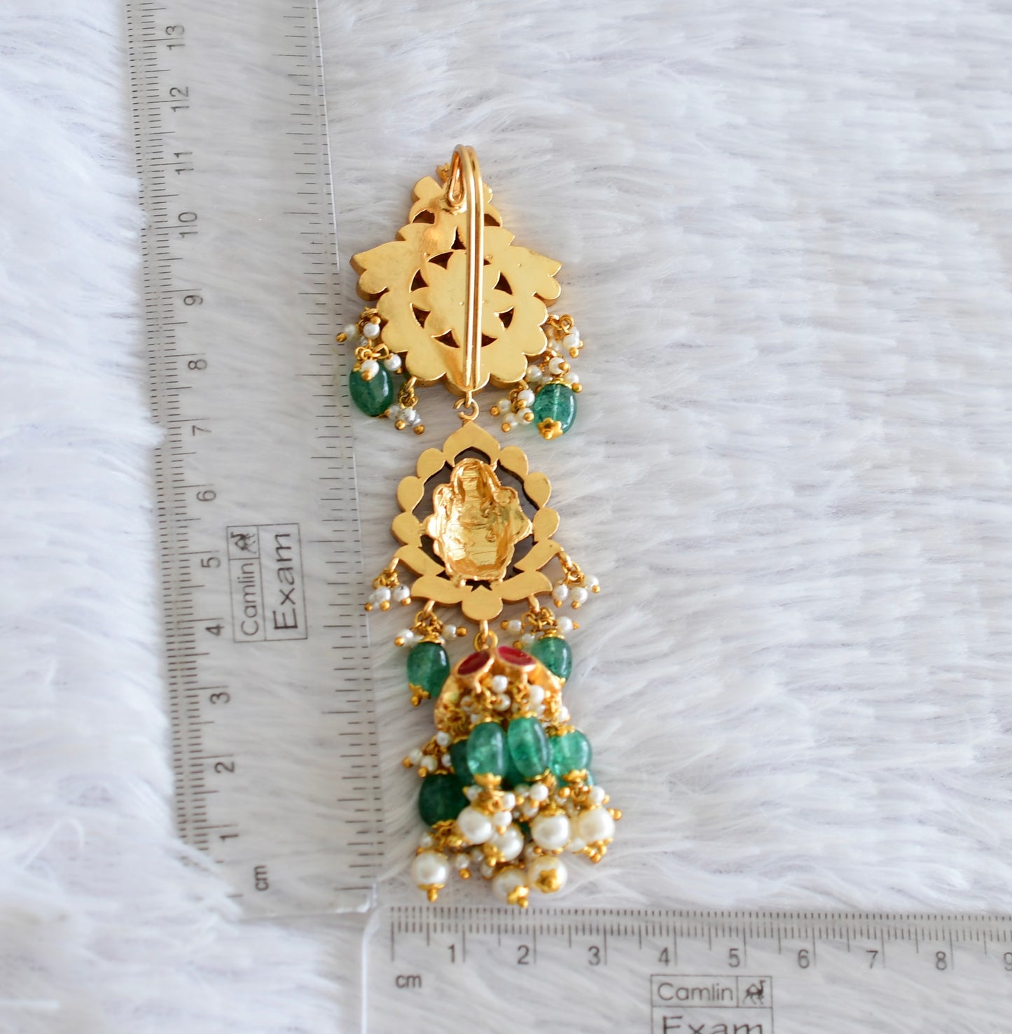 Gold tone pink-green kundan jadau Lakshmi hair jewel dj-52379