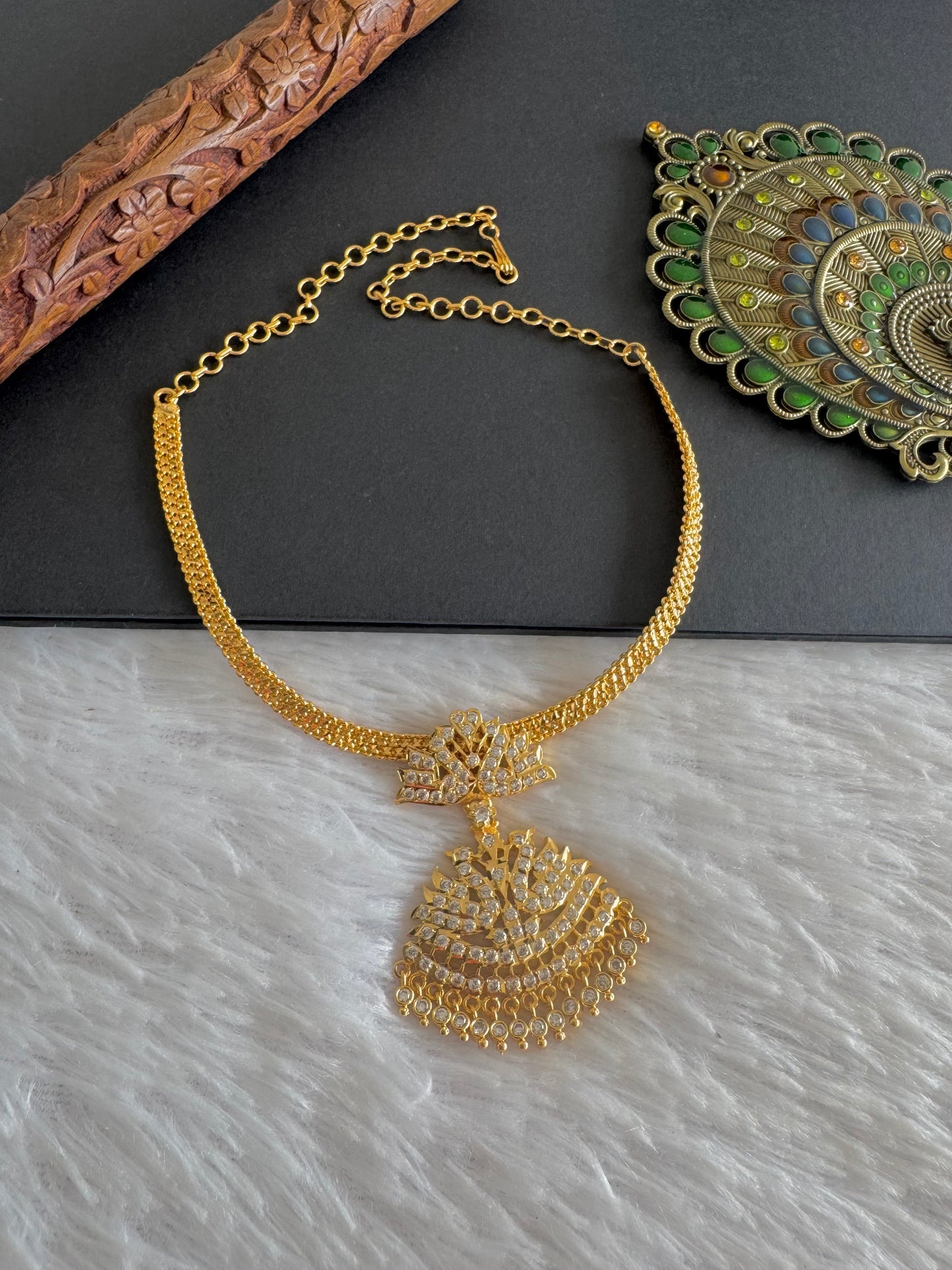 Gold tone South Indian style AD white swan attigai/necklace dj-52211