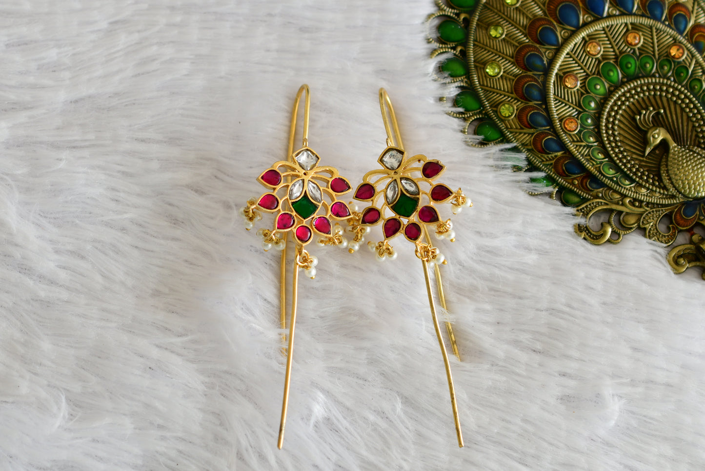 Gold tone pink-green-white kundan jadau flower bugadi needle earrings dj-52459