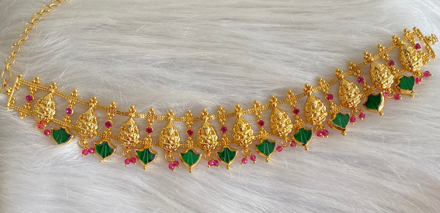 Gold tone kerala style pink-green palakka lakshmi choker necklace dj-54276