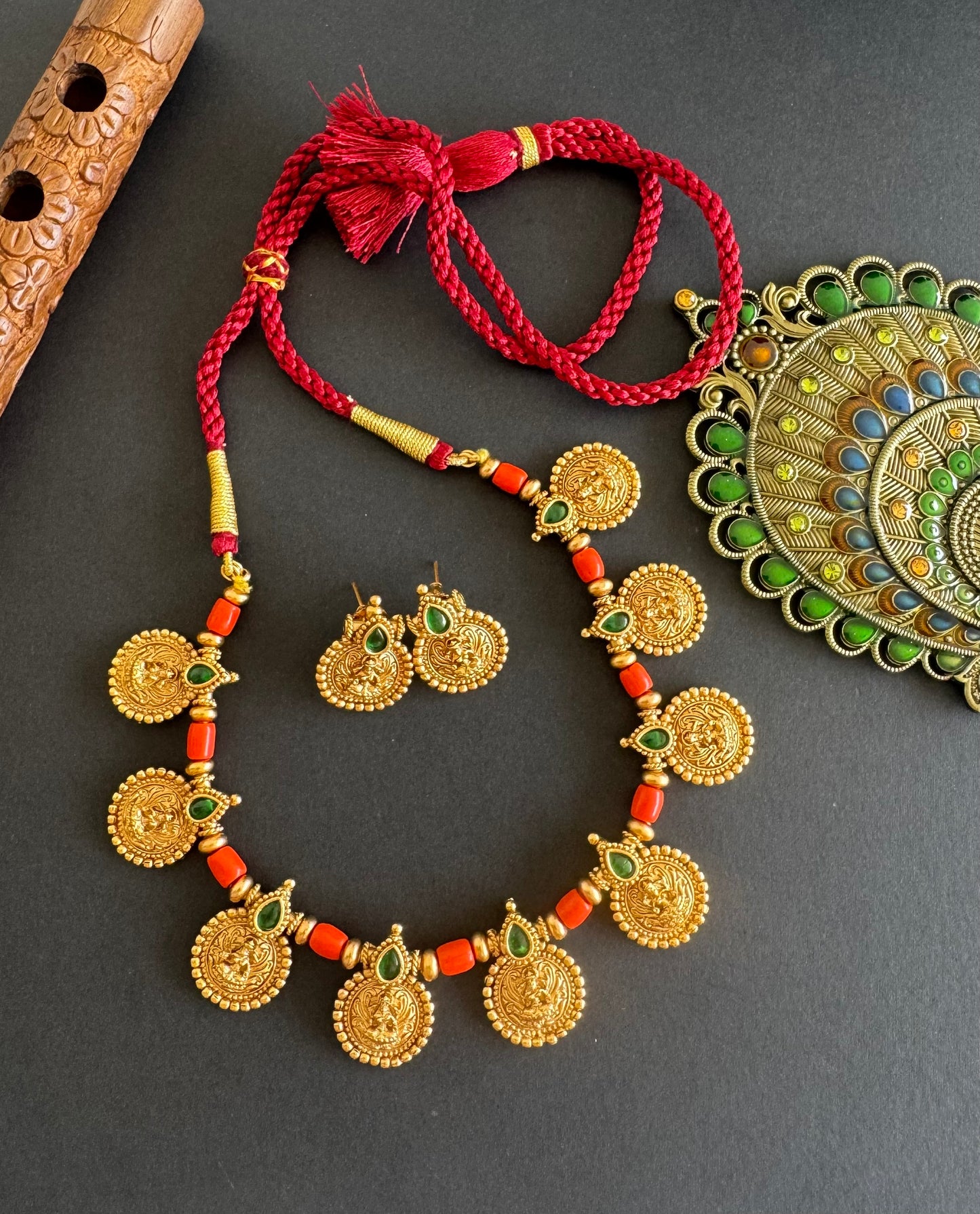 Matte finish coral-green lakshmi necklace set dj-52082