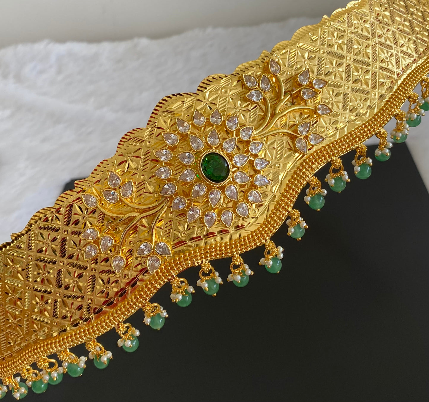 Gold tone white green stone flower design adjustable waist belt dj-53465