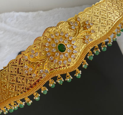 Gold tone white green stone flower design adjustable waist belt dj-53465