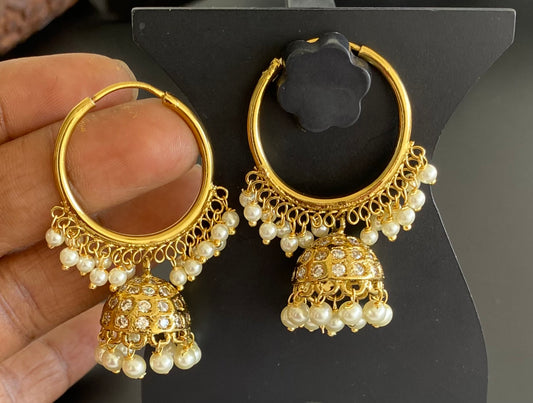 Antique gold tone pearl hoop jhumkka dj-52936