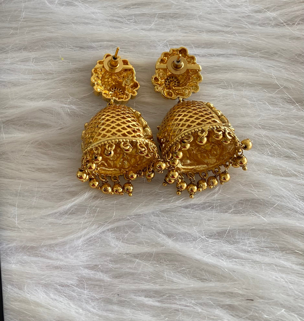 Antique gold tone cz white nakshi peacock lakshmi jhumkka dj-55101