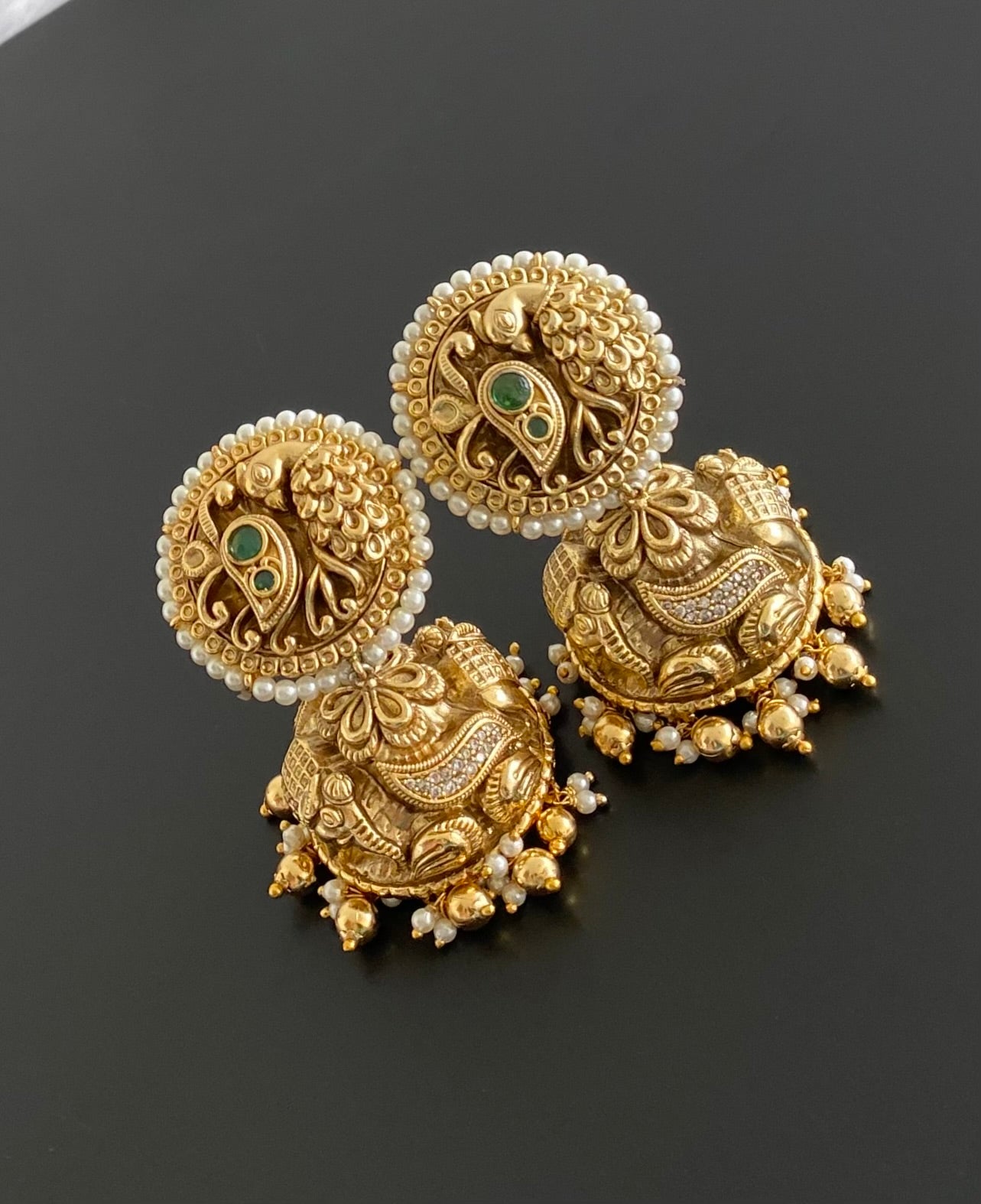 Antique gold tone cz green pearl round big nakshi jhumkka dj-53590