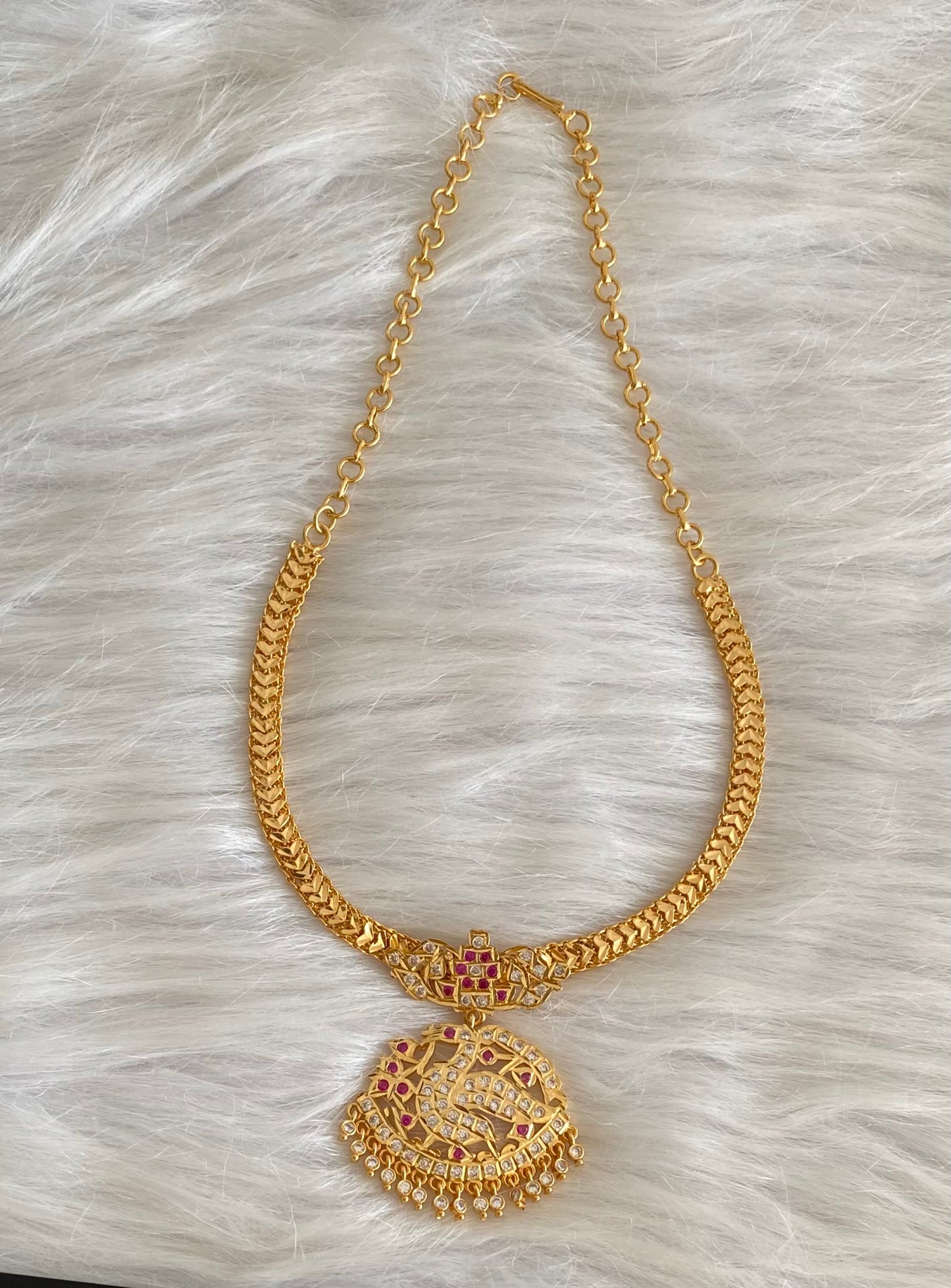 Gold tone south indian AD white-pink swan attigai/necklace dj-53898