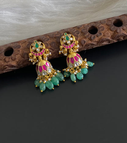 Gold tone pink-green-white stone kundan jadau green beaded moon jhumkka  dj-54585
