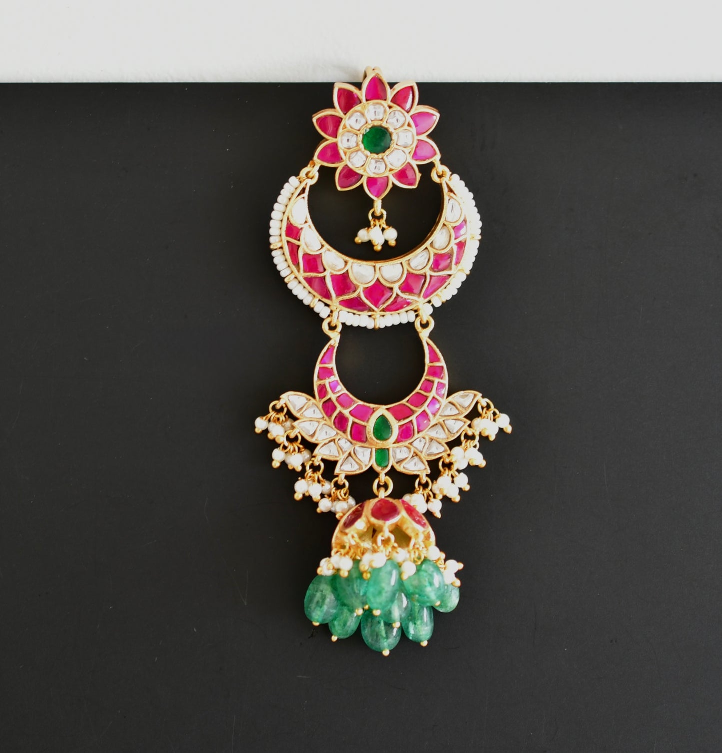 Gold tone pink-green kundan jadau flower hair jewel dj-52375