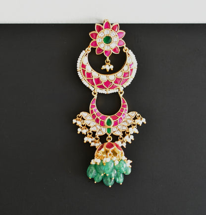 Gold tone pink-green kundan jadau flower hair jewel dj-52375