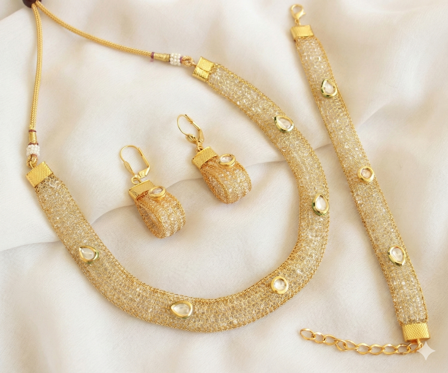 Gold tone Cz white kundan stone chain Combo Set - DJ17035