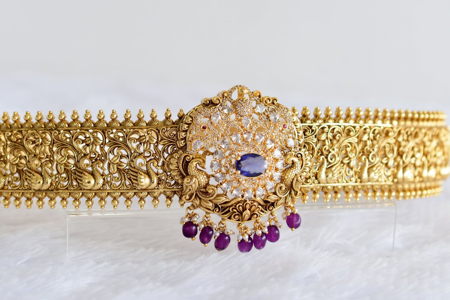 Antique gold tone purple-white stone peacock waist band dj-52195