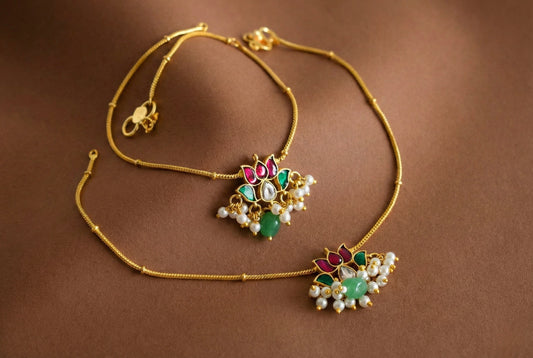 Gold tone pink-green-white lotus kundan jadau anklets dj-52398