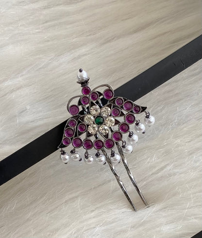 Black finish precious kemp-green-white pearl hair jewel/pin dj-54688