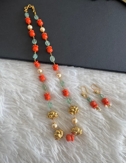 Matte finish coral-green-pearl lotus beaded necklace set dj-52084