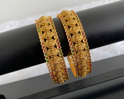Antique gold tone ruby-green-white lakshmi coin bangles(2.4) dj-53409