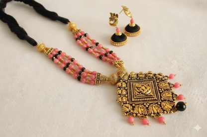 Antique gold tone Lakshmi Peach Pink Beaded Necklace Set -dj17516