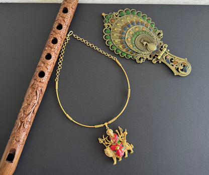 Matte finish Red meenakari Ma Durga pendant hasli necklace dj-52074