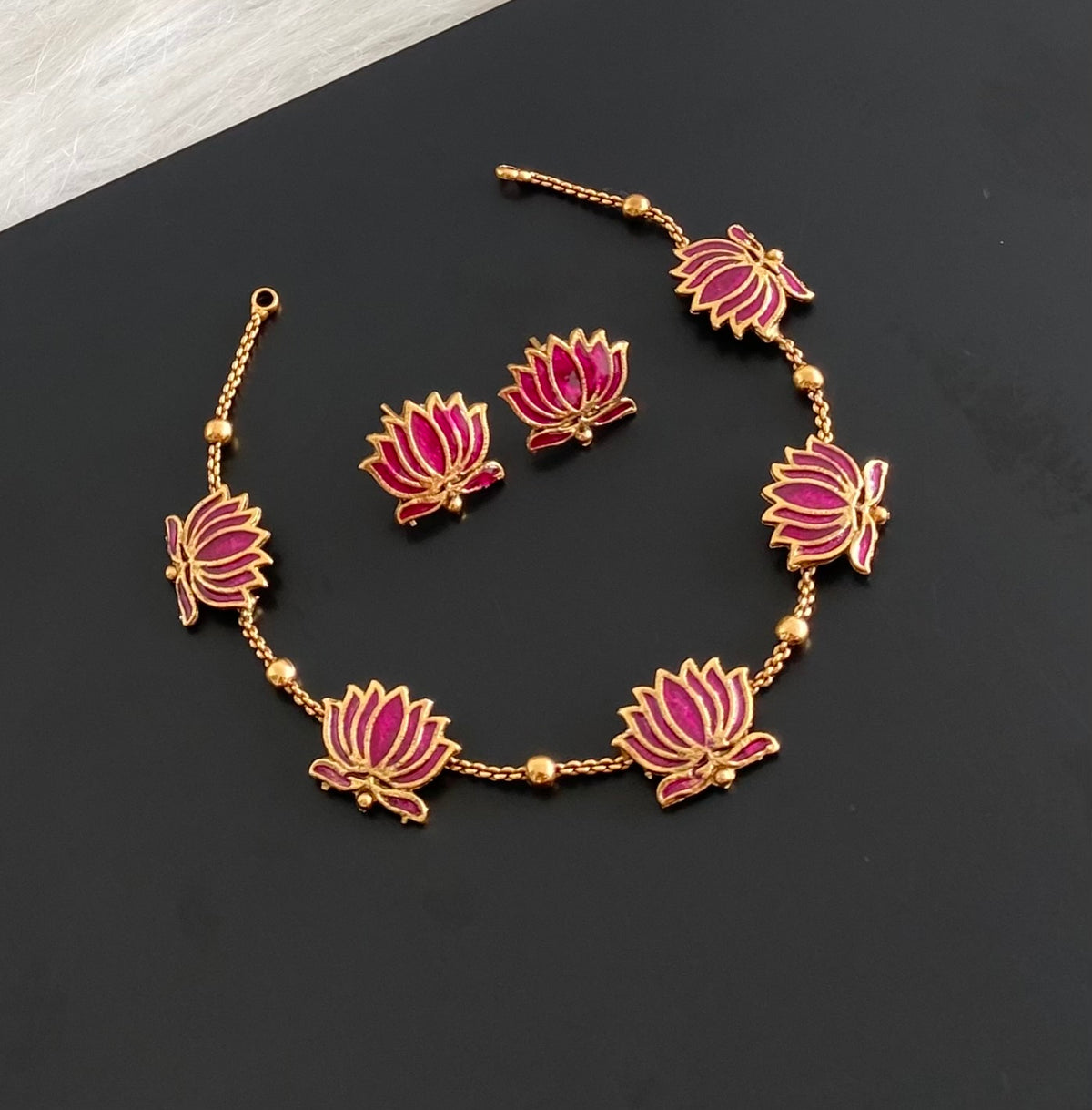 Matte finish pink lotus enamel necklace set dj-54774