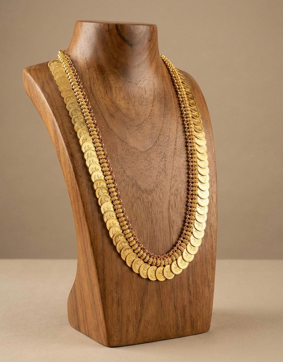 Gold look alike ad pink stone lakshmi coin haar dj-47796