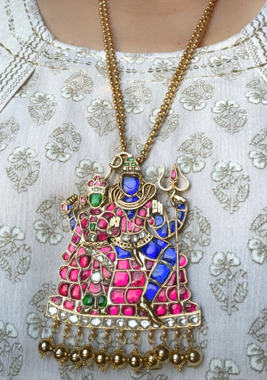 Gold tone pink-green-white-blue big shiva-parvathi kundan jadau pendant with double layer chain dj-45264