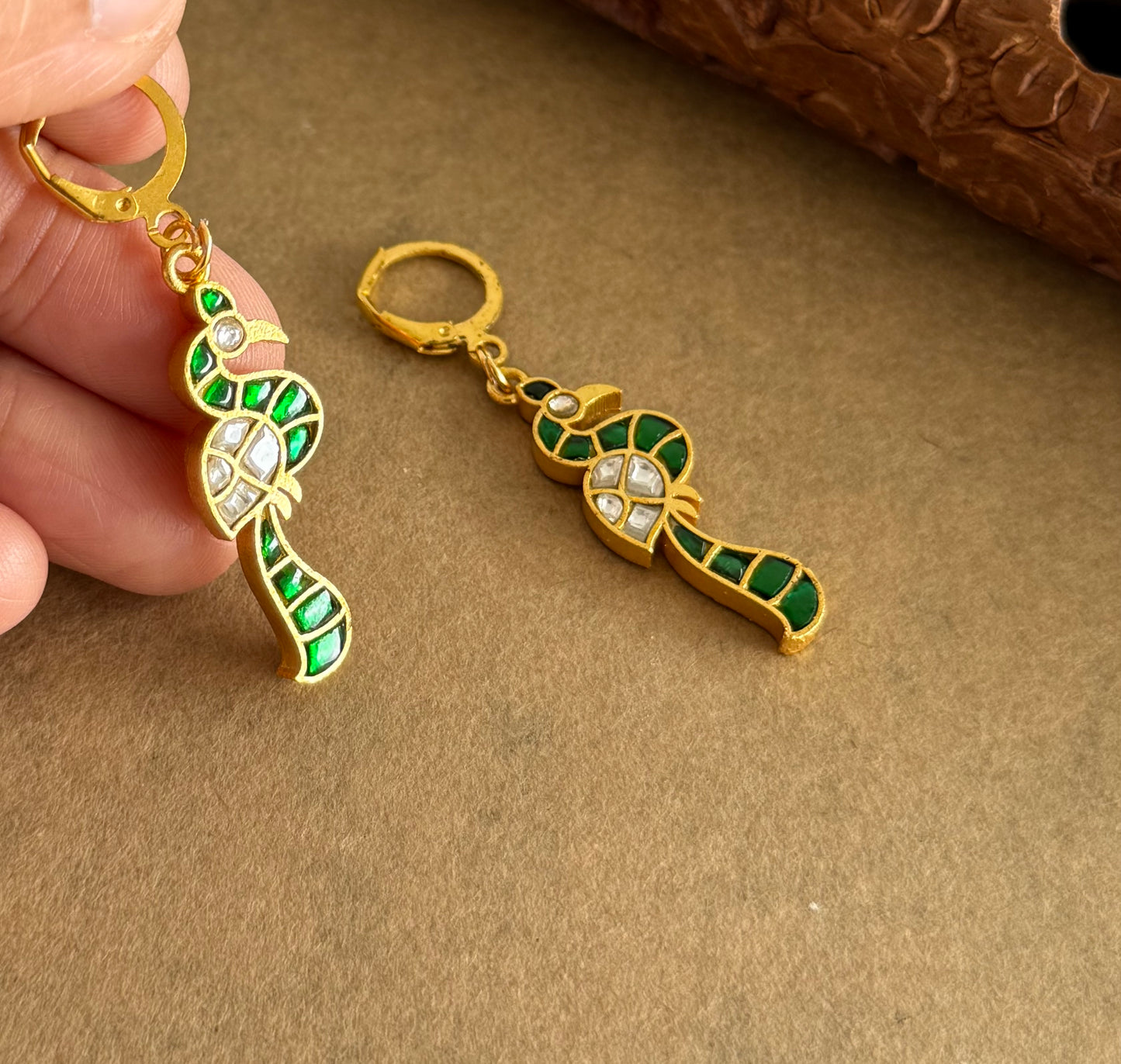 Gold tone green-white kundan jadau peacock hook earrings dj-51527