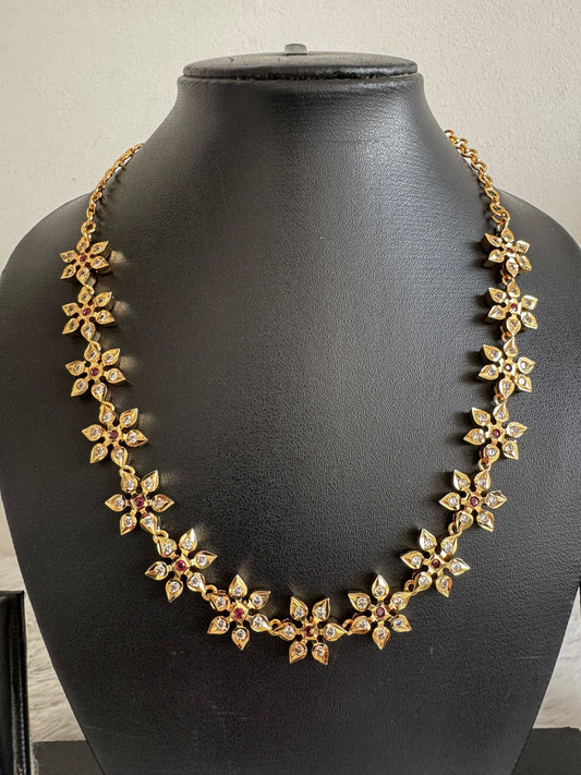 Gold tone ad pink white stone flower necklace dj-52627