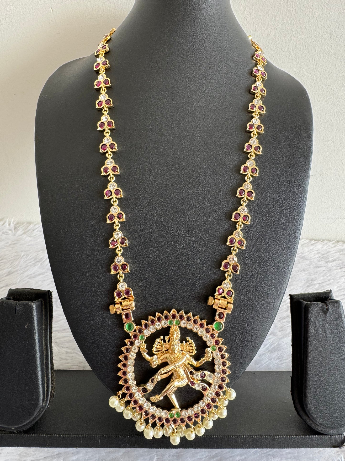Gold tone precious kemp-green-white pearl Shri Natarajar haar dj-52264