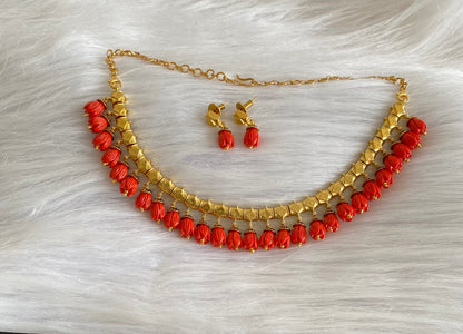 Antique gold tone red tulip beaded necklace set dj-54190